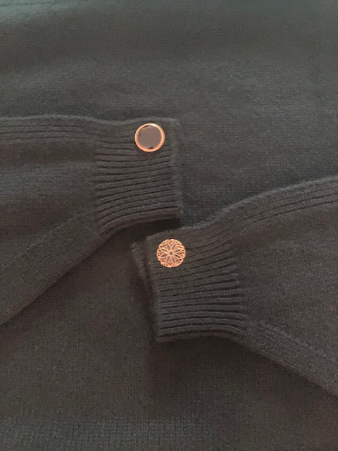 Black mock neck sweater with Isabella jewel buttons