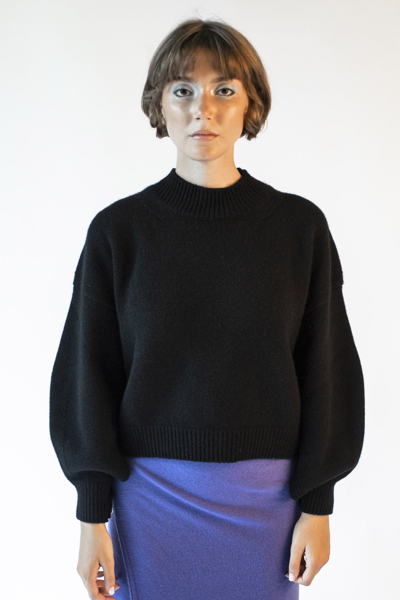 Black mock neck sweater with Isabella jewel buttons