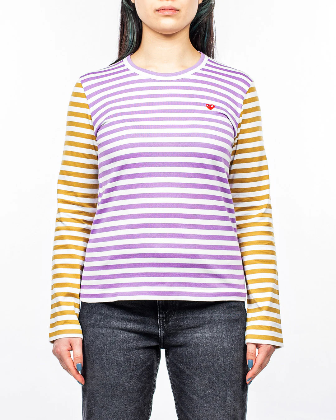 Striped Long Block Sleeve T-Shirt in purple/olive